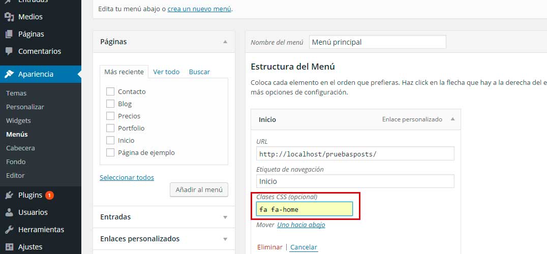 Clase en opción de menú