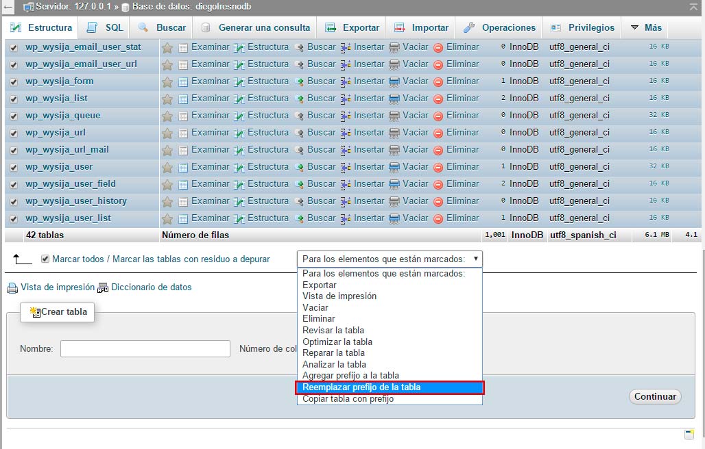 Reemplazar prefijo tabla base de datos