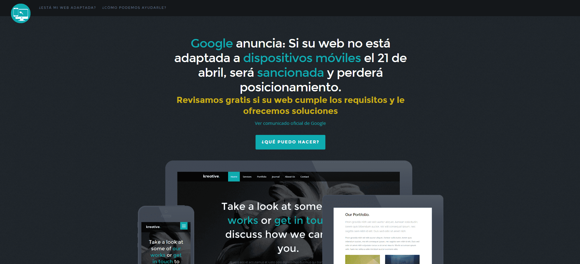 Captura de la antigua web adaptarwebamovil.com con el aviso 'Google anuncia: Si su web no está adaptada a dispositivos móviles el 21 de abril, será sancionada y perderá posicionamiento'