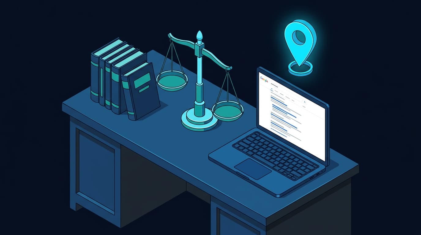 Ilustración isométrica de un despacho de abogados con balanza, libros y pins de Google Maps en cyan sobre fondo azul oscuro