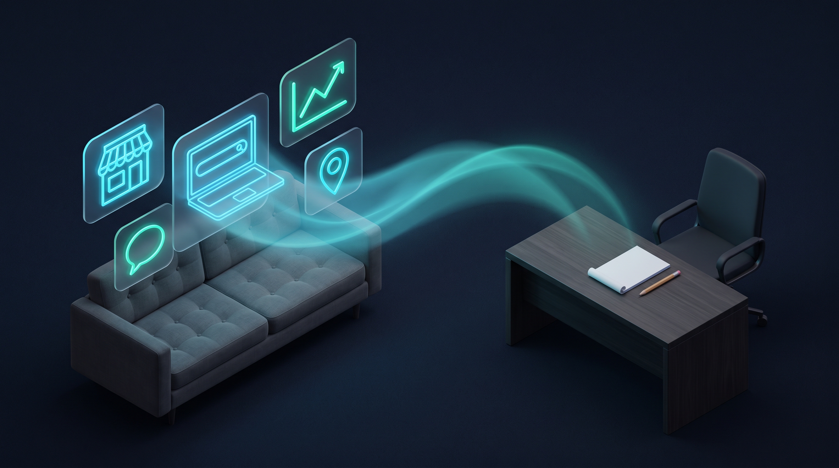 Ilustración editorial isométrica de un sofá de psicóloga con iconos de marketing digital flotando, conectados por un glow cyan a una mesa con bloc de notas y silla de consultor